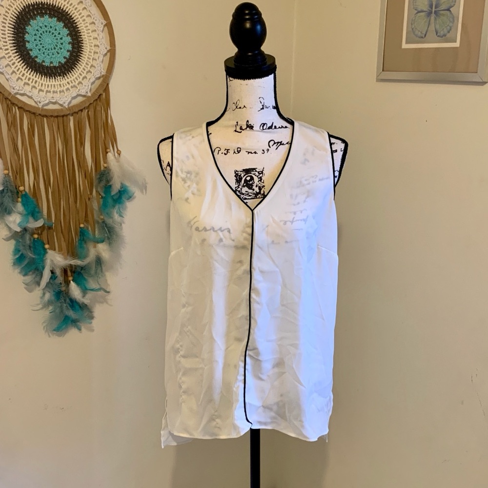 White Sleeveless Top with Black Striping Detail